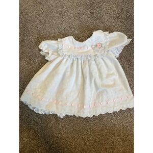 Baby Girl White Eyelet Lace Dress Pink Ribbon Rose Christening Special Occasion